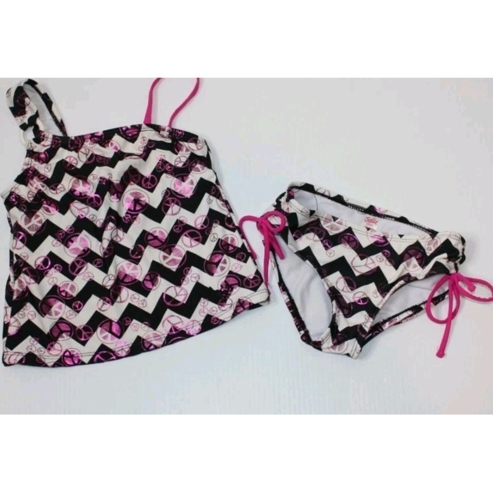 Two Piece Justice Girls 7 Black Zigzag Stripe Peace Tankini Sign Swimwear
